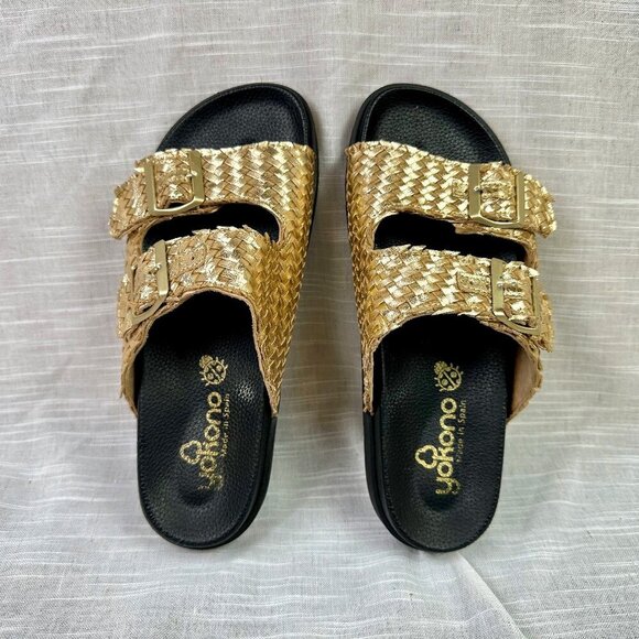 YOKONO Made In Spain Leather Dual Band Metallic Gold Woven Sandal EU 39 / US 8.5 - Picture 1 of 4